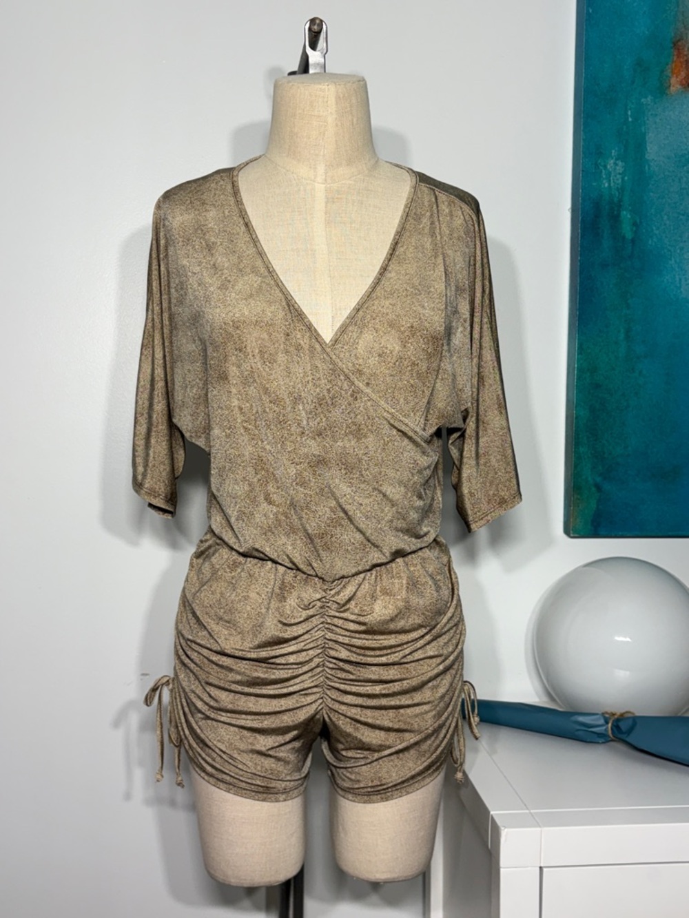 Ruched Drawstring V-Neck Romper in Taupe